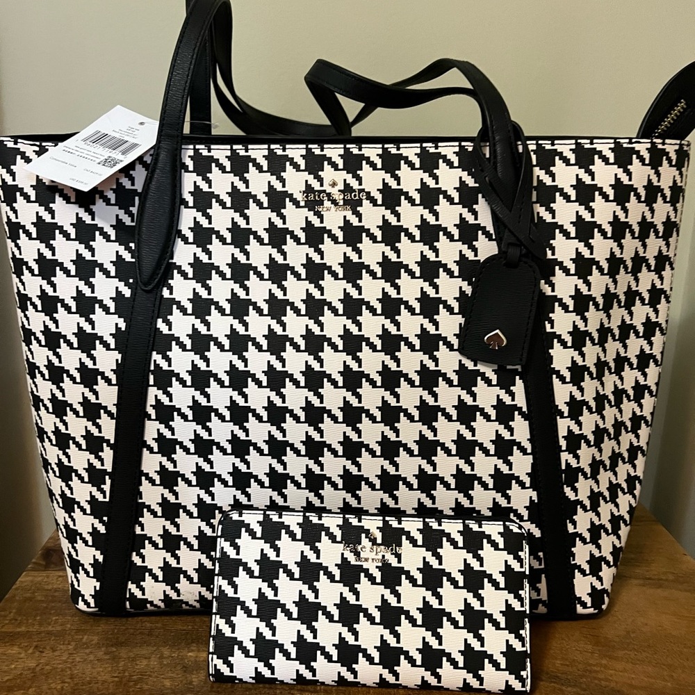 Kate Spade Houndstooth Large Tote and Darcy Houndstooth Print Large Slim Wallet